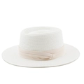 Detailed view of white flat top straw hat featuring a light beige fabric ribbon trim - M (56-58cm) / Pure White with Beige Ribbon