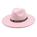 Detail of light pink wide brim fedora with brown braided band and gold diamond studs - M(56-58cm) / Pink