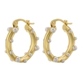 Elegantes pendientes de aro en latón chapado en oro con perlas artificiales incrustadas - 1 par / Dorado