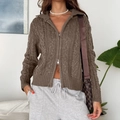 Women's brown cable knit cardigan with zipper closure and a short casual long sleeve fit - S / Brown