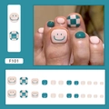 Green and pink checkered toe press-on nails with smiley faces, 24 pieces set - Smile Checkerboard (F101-Glue Style)