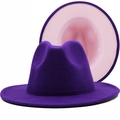 Κλασικό μωβ τσόχινο καπέλο Fedora με ροζ επένδυση και φαρδύ γείσο για άνδρες και γυναίκες - M (56-58cm) / Μωβ Εσωτερικά Ροζ Εξωτερικά