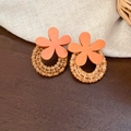 Detail of vintage rattan hoop earrings with orange floral resin on wood background - 26# 925 Sterling Silver Earring Post - Coffee - Orange Flower Rattan Hoop