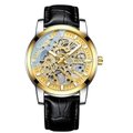 Skeleton automatic mechanical watch with two-tone gold case and black leather strap - Gold Case Gold Dial Black Leather Strap