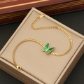 Elegante collar de cadena de serpiente chapado en oro con colgante de mariposa verde - Acero inoxidable / 2# Pulsera