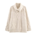 Cardigan en maille torsadée crème avec large revers et motifs de losanges texturés - Taille unique / Blanc laiteux