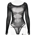 Sparkling rhinestone mesh bodysuit with cut-out detail and sheer long sleeves for women - One Size / Black