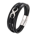 Braided black leather bracelet with silver infinity symbol and magnetic clasp design - Steel Color Black Leather