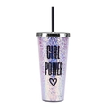 24oz iridescent straw tumbler with silver lid featuring black Girl Power text design - Flat Lid D/Laser Girl Power
