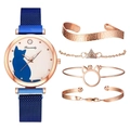 Blue cat dial quartz watch set with four rose gold bracelets on white background - Watch + Bracelet / Blue