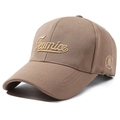 Khaki pineapple fabric baseball cap with cursive Jeunice embroidery in a 45-degree view - Deep Beige