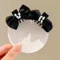 Elegant black satin bow hair claw clip with white faux pearls for high ponytail hairstyles - 4# Beaded Bow Clip (1 Pair 4.5cm)
