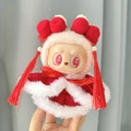 Plush doll in red and white Christmas outfit with pearl headpiece for Labubu - Dragon Fruit / First And Second Generation Keychains Are Compatible With La Cloth Dolls. Dolls Not Included.