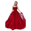 Robe de bal élégante rouge foncé à fines bretelles avec dentelle florale et tulle - Bordeaux / US size 2