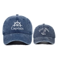 Close-up of Captain and First Mate embroidery on blue washed denim baseball caps - Adjustable / Navy Blue (Adult and Child)