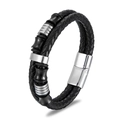 Men's double-layered black braided leather bracelet with stainless steel magnetic clasp - Circumference 19cm / Brushed Metal Ring Style