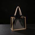 Luxury black matte gift bag with gold border, satin bow and gold braided handles - 14x6x12cm / Black Bag Gold Border + Black Ribbon