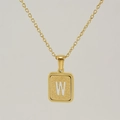 Golden stainless steel square pendant necklace featuring sandblasted letter W design - Letter W