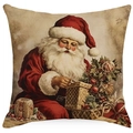Vintage style Christmas pillow case featuring Santa Claus opening gifts on linen texture - YMD511-7 (Santa Unboxing Gifts)