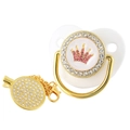 White baby pacifier set with gold crown and pink rhinestones with matching chain clip - Gold White Crown