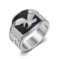 Mens stainless steel silver ring with black eagle relief and textured side details - US 7 / Steel
