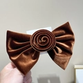 Close-up of deep brown velvet hair clip with a handmade rose flower detail and soft texture - Coffee Velvet Single Layer Bow with Rose Flower Hair Clip
