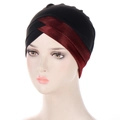 Detail of cross-layered design on black and deep red elastic turban headband for women - Black and Wine Red