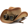 Steampunk western cowboy straw hat with vintage goggles and gear metallic ornaments - M (56-58cm) / Khaki Rust Red Gradient