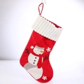 Detailed view of red Christmas stocking with white plush trim and snowman embroidery - Red Snowman