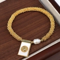 Pulsera religiosa de cuentas doradas con perla y colgante rectangular con corazón - Estilo 5