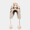 Winter gebreide trapperhoed met pied-de-poule patroon, bontoorflappen en roze pompons - M (56-58cm) / Donkerbruin