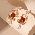 Vintage gold earrings with red heart, angel relief, and white drop pearl pendant - Gold Red Angel