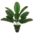 Detail view of artificial bird of paradise plant with large green leaves in a black pot - 12-Head Traveler's Banana Tree Reddish Brown (No Pot)