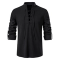 Detail of black cotton linen Henley shirt showing lace-up V-neck and stand collar - S / Tops / Black