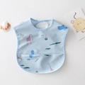 Light blue waterproof baby bib with cartoon giraffe and animal print features a crumb catcher - Pu No-wash Bib - Blue Cartoon / One Size