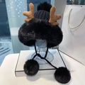 Winter black knit deer antler earflap hat with brown antlers and faux fur poms - Antler Ear Flap Plush Hat / Black
