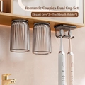 Magnetic toothbrush holder with two grey striped cups and dark grey storage rack - Elegant Gray 2pcs (Adhesive) + Double Hook
