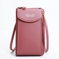 Pink PU leather multifunctional crossbody phone bag with adjustable strap on white background - Deep Pink