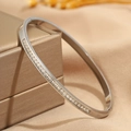 Detailed macro view of silver titanium steel bangle with sparkling crystal inlay on jewelry box - Single Row / Silver