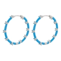 Detail of sky blue enamel hoop earrings with micro-set cubic zirconia in silver tone - Silver Blue