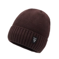 Thick ribbed knit dark brown beanie with folded brim and logo patch for winter warmth - One Size / Coffee
