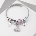 Pink crystal bead charm bracelet in silver finish with flower and heart pendants - C2-005 Pink