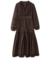 Detail of V-neckline with delicate hollow lace stitching on dark brown long-sleeve dress - S / Chestnut