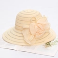 Women's elegant wide brim sun hat in champagne with decorative 3D gauze floral accent - One Size / Beige