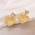 18K gold plated heart drop earrings with white zircon accents on minimalist white display - Radial Texture Solid Heart Pendant Style (45415) / Gold