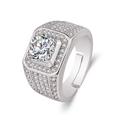 Silver square men's ring with large round solitaire and pave set stones - Men's Cluster Ring Ljz-62 / Adjustable Open