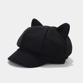 Schwarze Schirmmütze aus Wolle mit süßen Katzenohren und Vintage-Achteck-Design - Einheitsgröße / Schwarz
