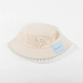 Beige cotton bucket hat for kids with delicate white lace trim and pearl bow detail - CM8005 Pearl Lace Series / Beige