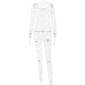 Detailed view of light blue lace sheer jumpsuit featuring delicate bow accents and long sleeves - S / Blue