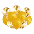 Close-up of 12-inch gold latex and transparent confetti balloons for party decor - Pearlescent Confetti Style / 10 Pieces Pack / Gold